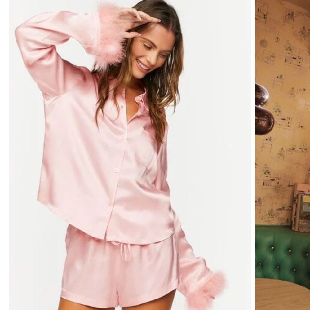 Satin Feather-Trim Shirt & Shorts Pajama Set